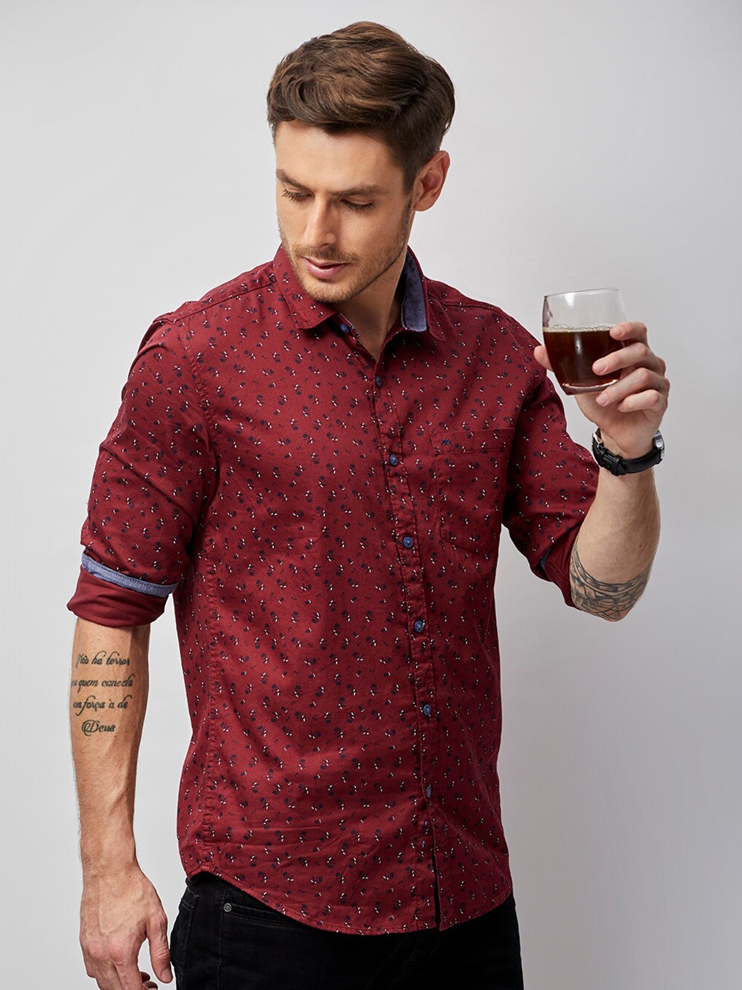 

MOZZO Classic Slim Fit Floral Printed Cotton Casual Shirt, Maroon