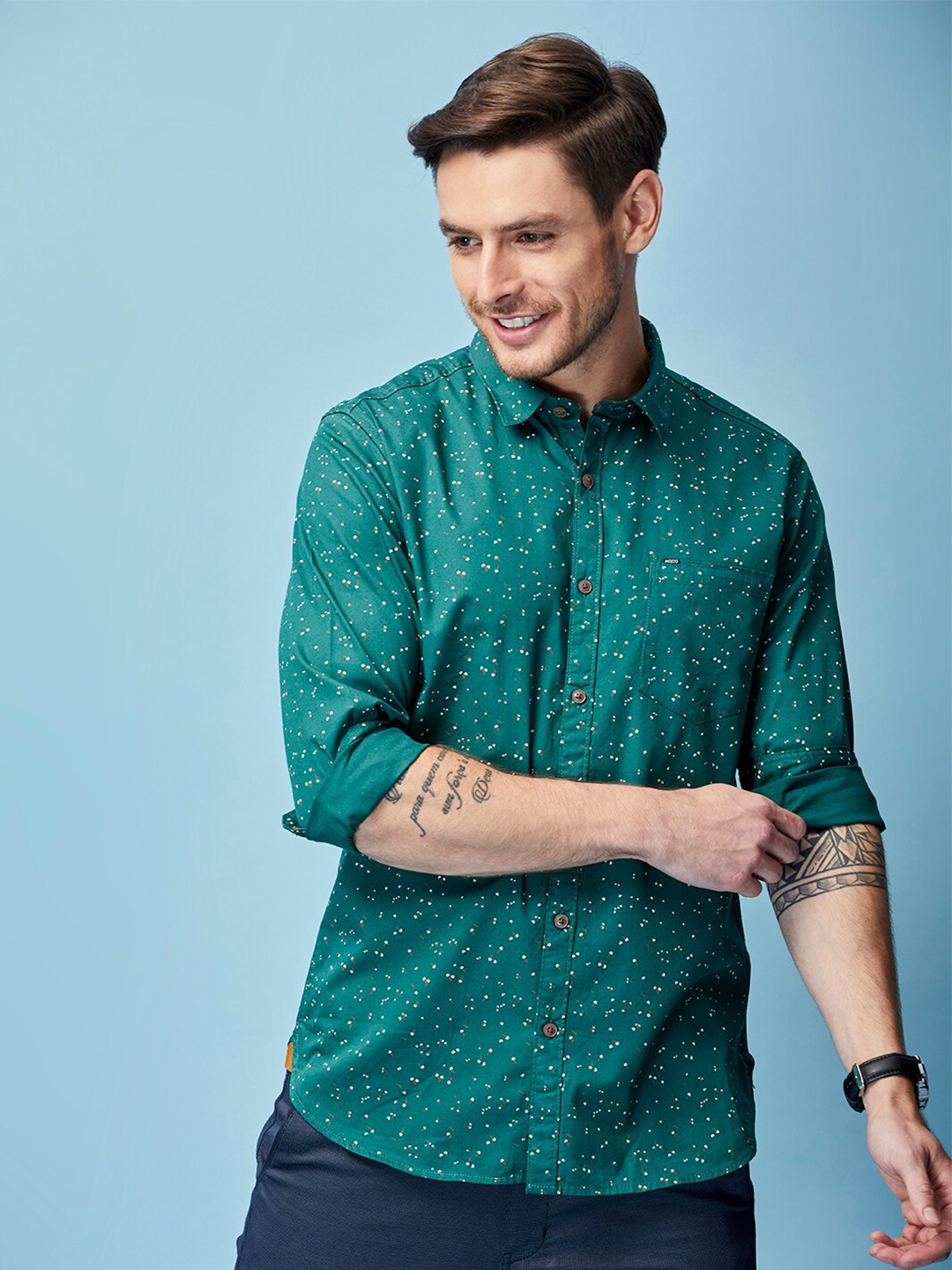 

MOZZO Classic Slim Fit Micro Ditsy Printed Cotton Casual Shirt, Green
