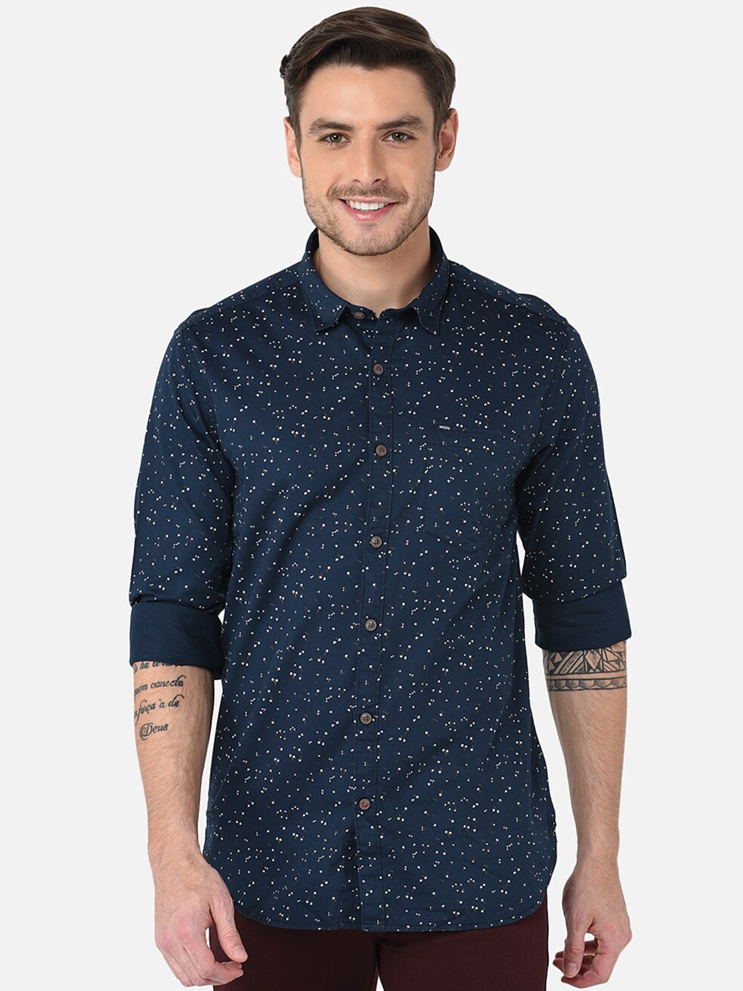 

MOZZO Classic Slim Fit Floral Printed Cotton Casual Shirt, Navy blue