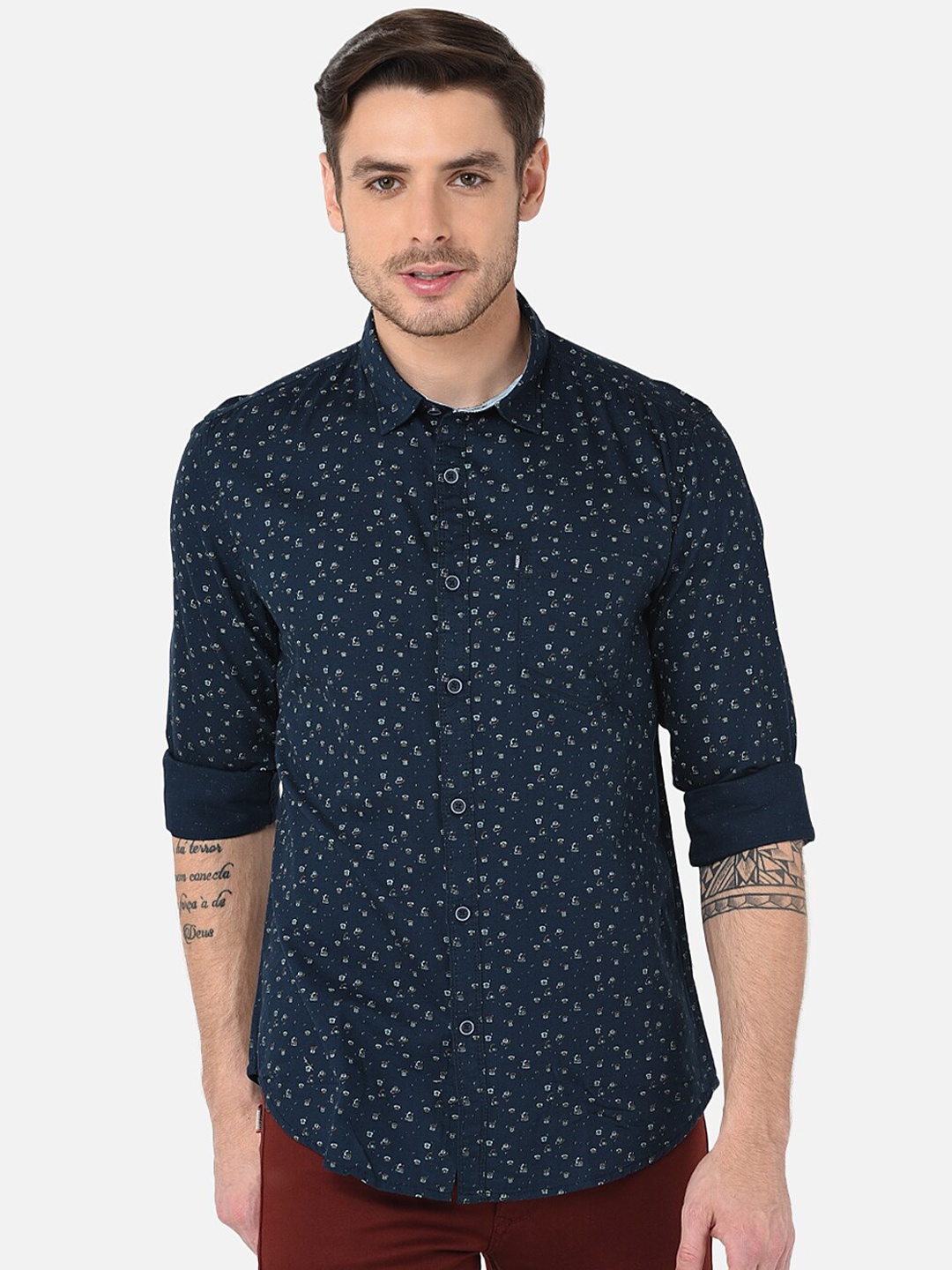 

MOZZO Classic Slim Fit Conversational Printed Cotton Casual Shirt, Navy blue