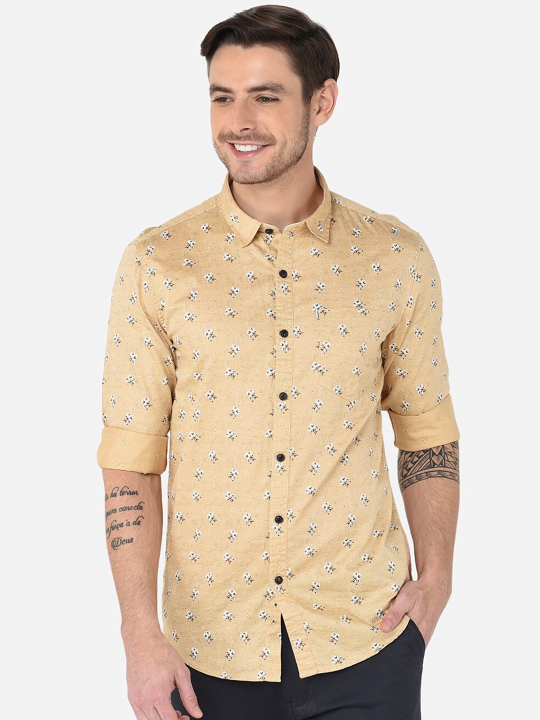 

MOZZO Classic Slim Fit Floral Printed Cotton Casual Shirt, Beige