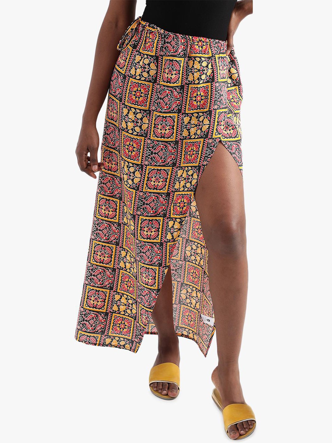 

Virgio Printed Pure Cotton Wrap Maxi Skirt, Black