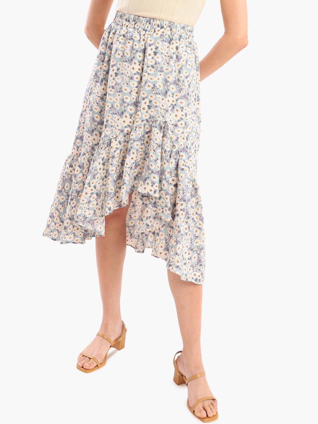 

Virgio Floral Printed Asymmetrical Midi Skirt, Blue