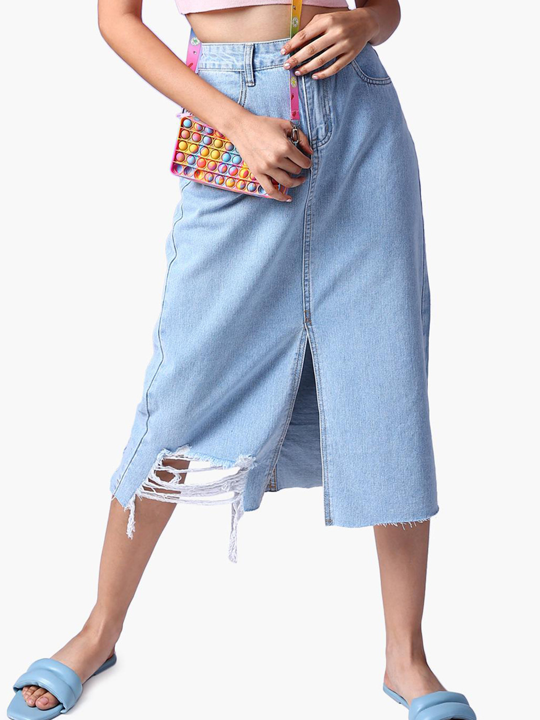 

Virgio Straight Front Slit Pure Cotton Midi Skirt, Blue