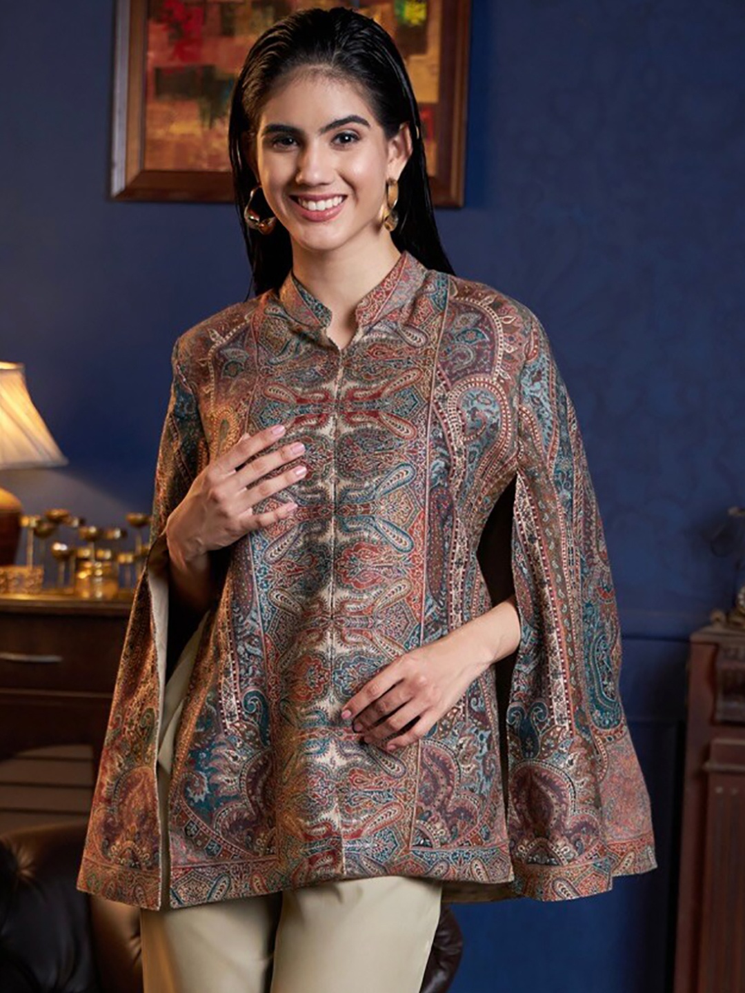 

Zamour Abstract Printed Longline Jacquard Cape Jacket with Embroidered, Multi