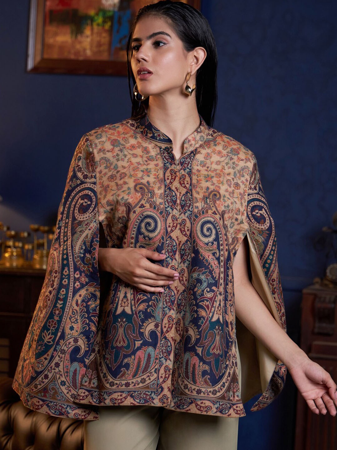 

Zamour Abstract Printed Longline Jacquard Cape Jacket with Embroidered, Navy blue