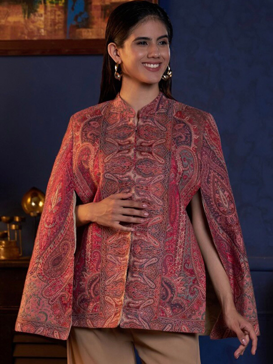 

Zamour Abstract Printed Longline Jacquard Cape Jacket with Embroidered, Pink