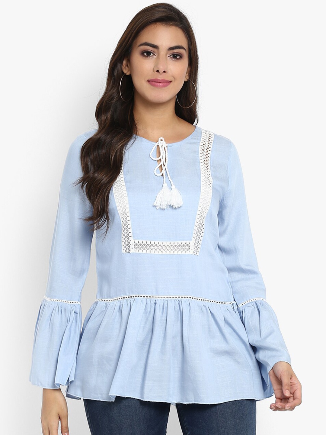 

Aditi Wasan Tie-Up Neck Bell Sleeves Lace Inserts Peplum Top, Blue