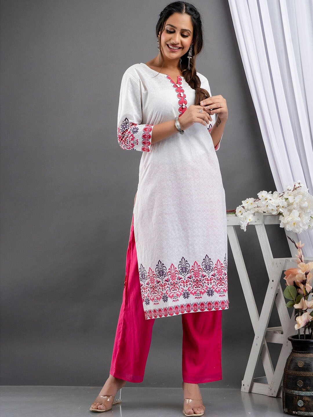 

SUTI Ethnic Motifs Printed Round Neck Cotton Straight Kurta, White