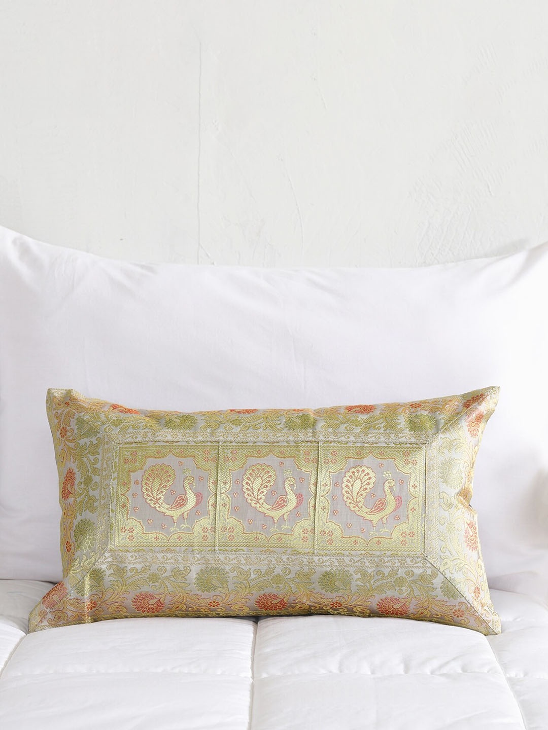 

HANDICRAFT PALACE Grey & Gold-Toned Ethnic Motifs Brocade Silk Rectangle Cushion Cover