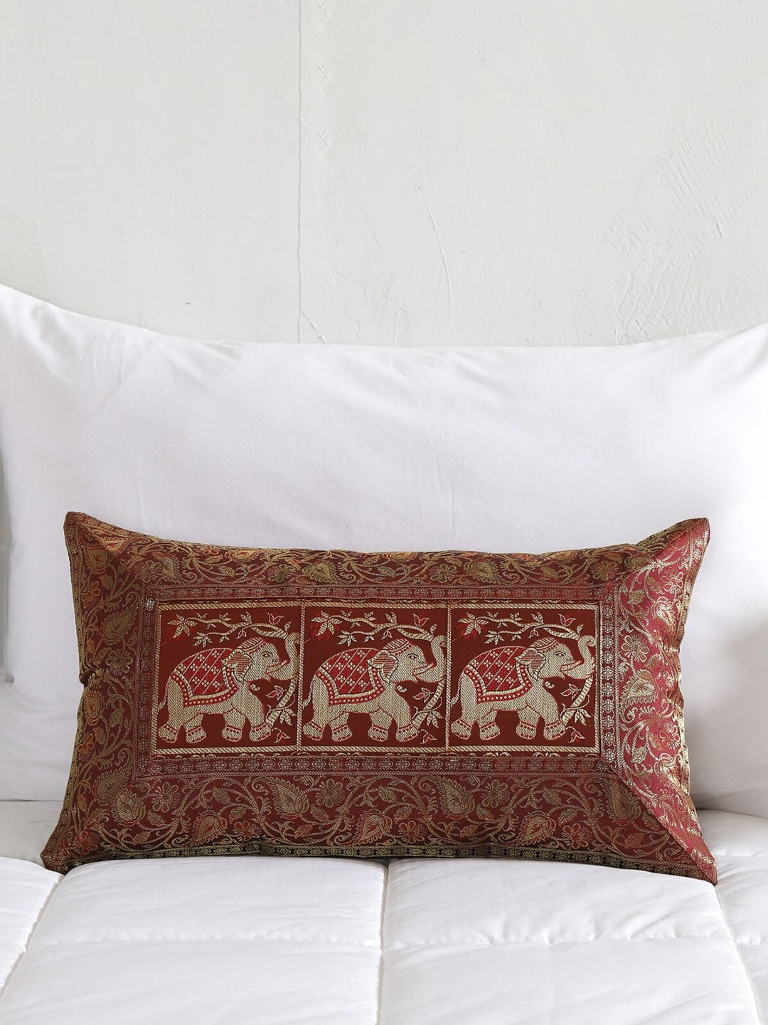 

HANDICRAFT PALACE Violet & Gold-Toned Ethnic Motifs Brocade Silk Rectangle Cushion Cover