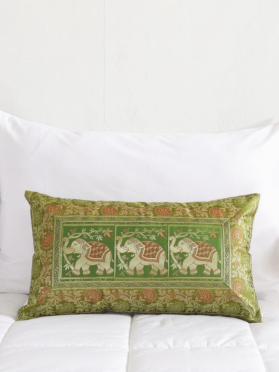

HANDICRAFT PALACE Green & Red Ethnic Motifs Silk Rectangle Cushion Cover