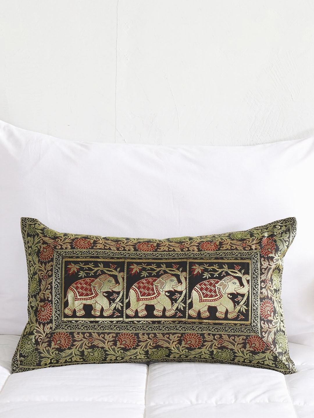 

HANDICRAFT PALACE Black & Red Ethnic Motifs Brocade Silk Rectangle Cushion Cover