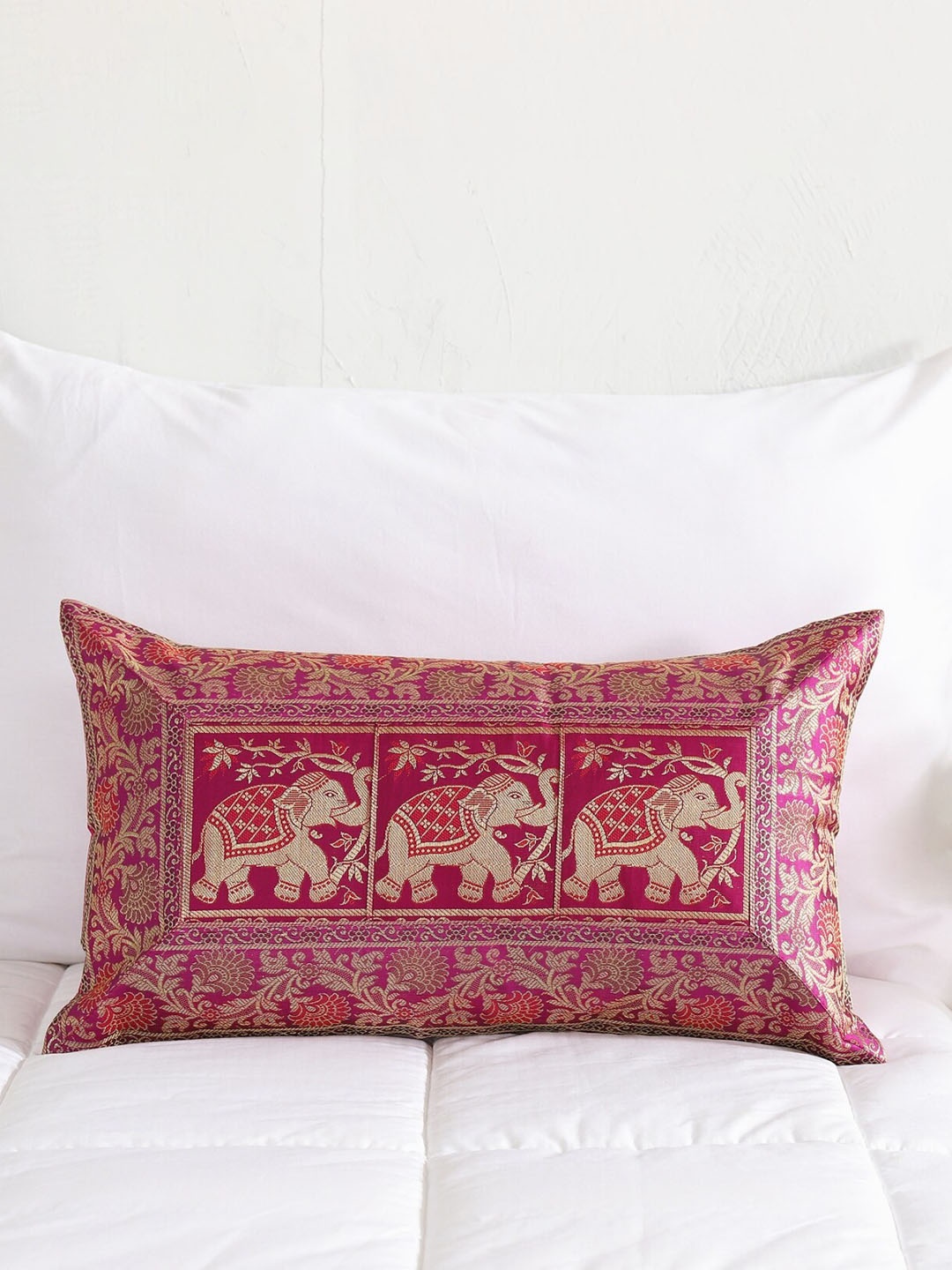 

HANDICRAFT PALACE Pink & Gold-Toned Ethnic Motifs Silk Rectangle Cushion Cover