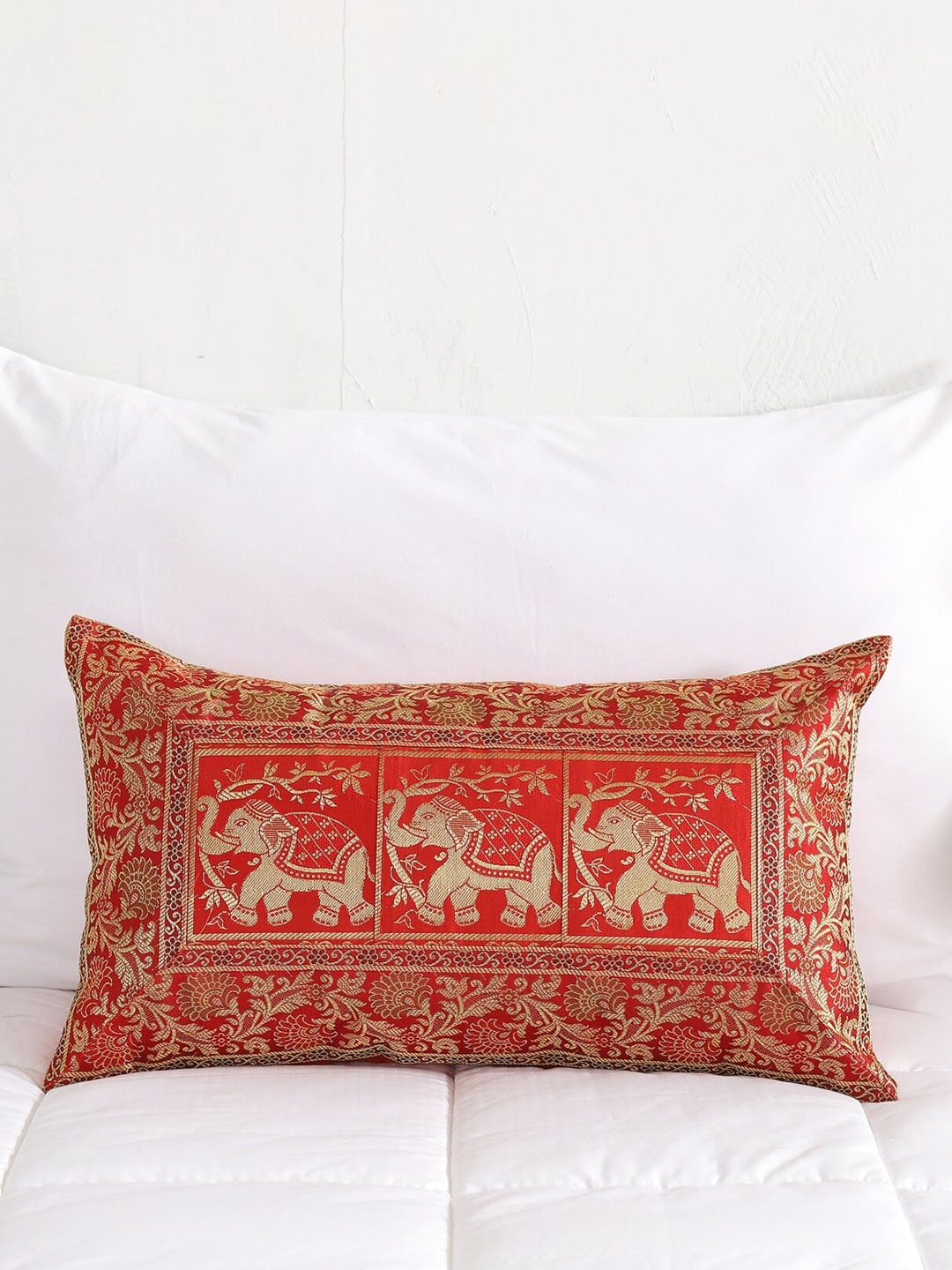 

HANDICRAFT PALACE Red & Gold-Toned Ethnic Motifs Silk Rectangle Cushion Cover