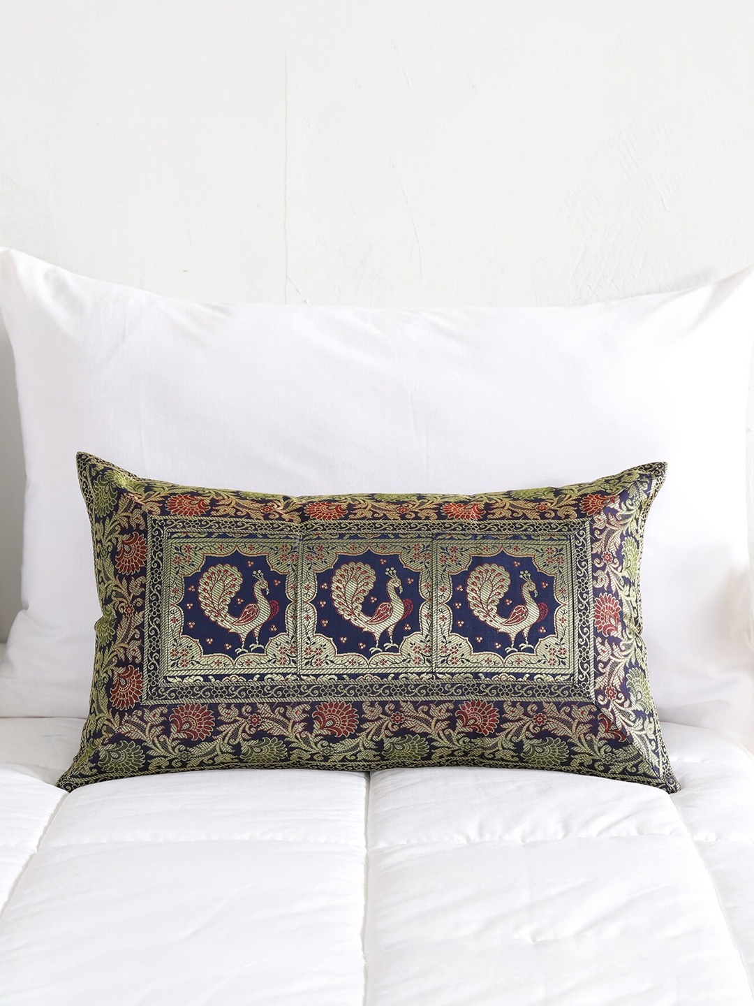 

HANDICRAFT PALACE Blue & Red Ethnic Motifs Silk Rectangle Cushion Cover