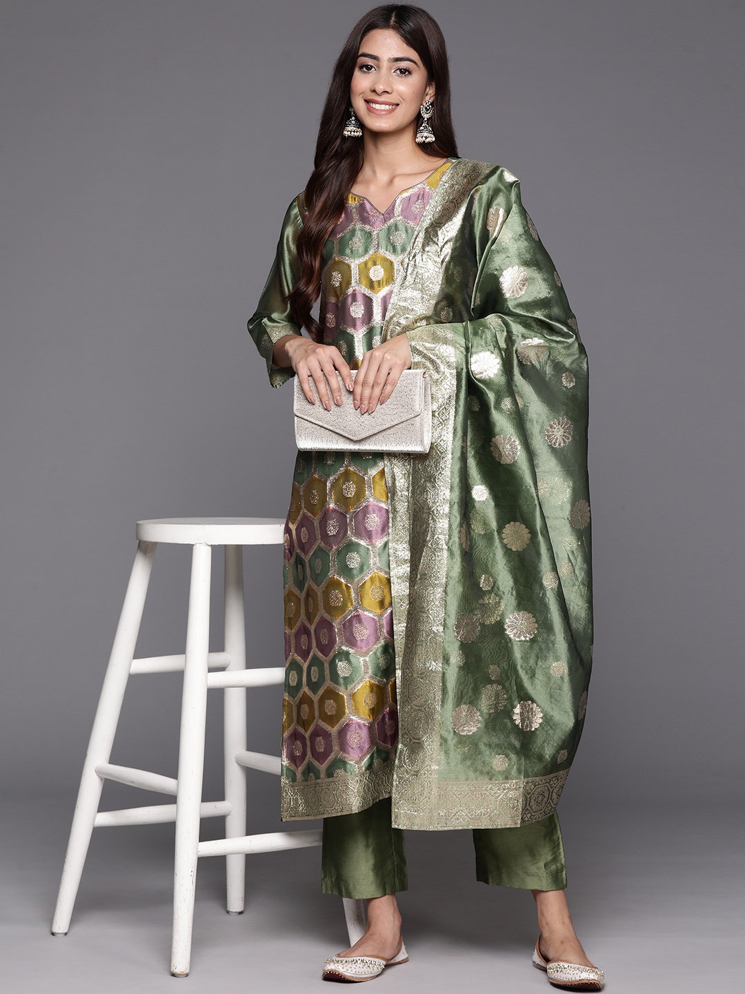

Varanga Chanderi Silk Kurta with Trousers & Dupatta, Green