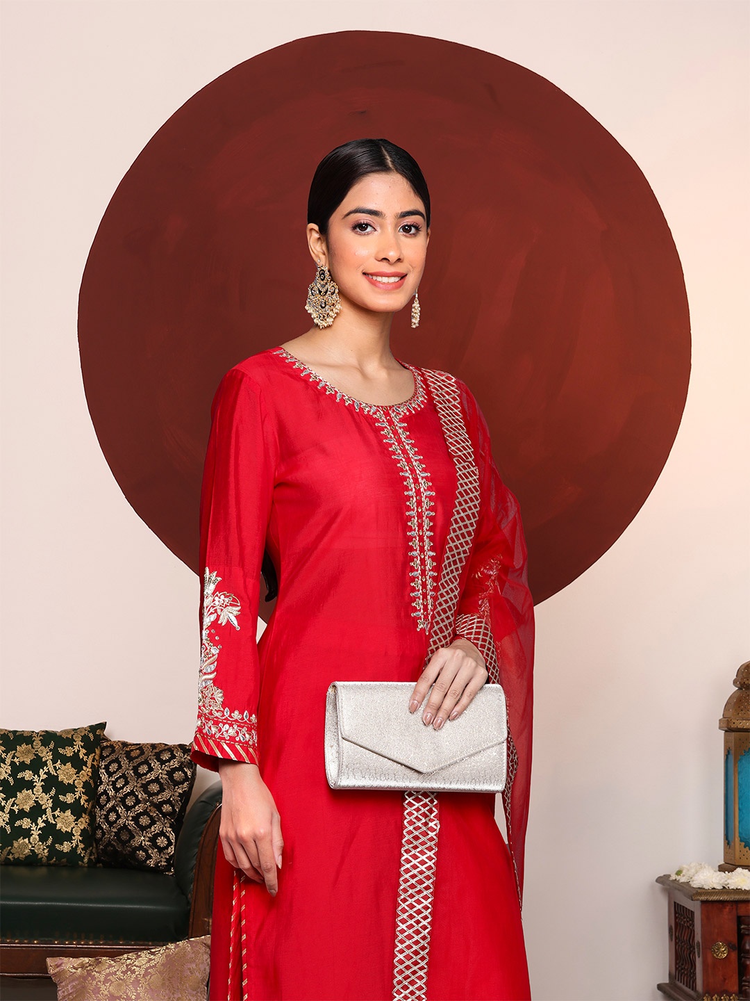 

Varanga Ethnic Motifs Embroidered Zari Kurta with Trousers & Dupatta, Red