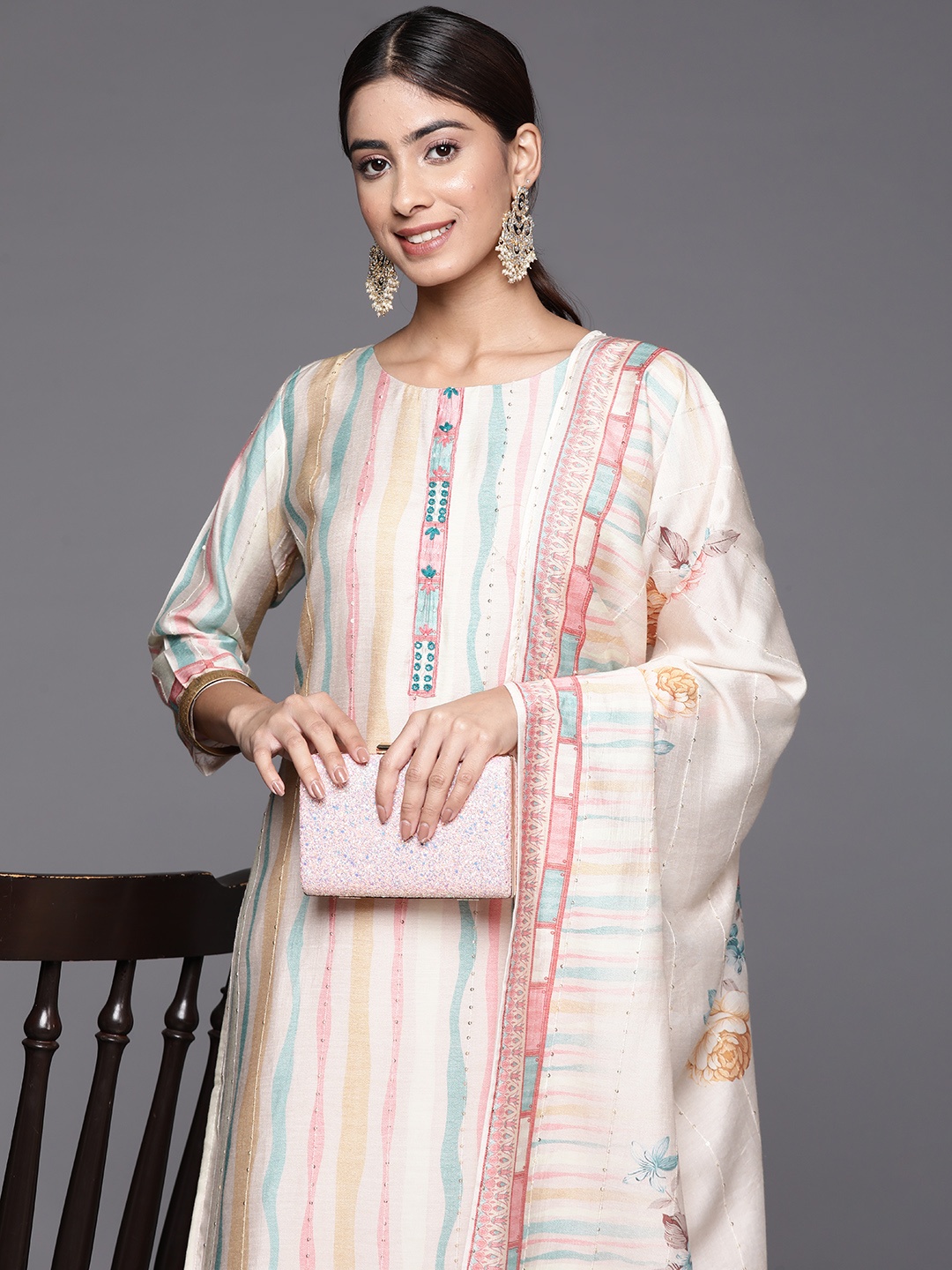 

Varanga Women Printed Regular Sequinned Kurta with Trousers & With Dupatta, Cream