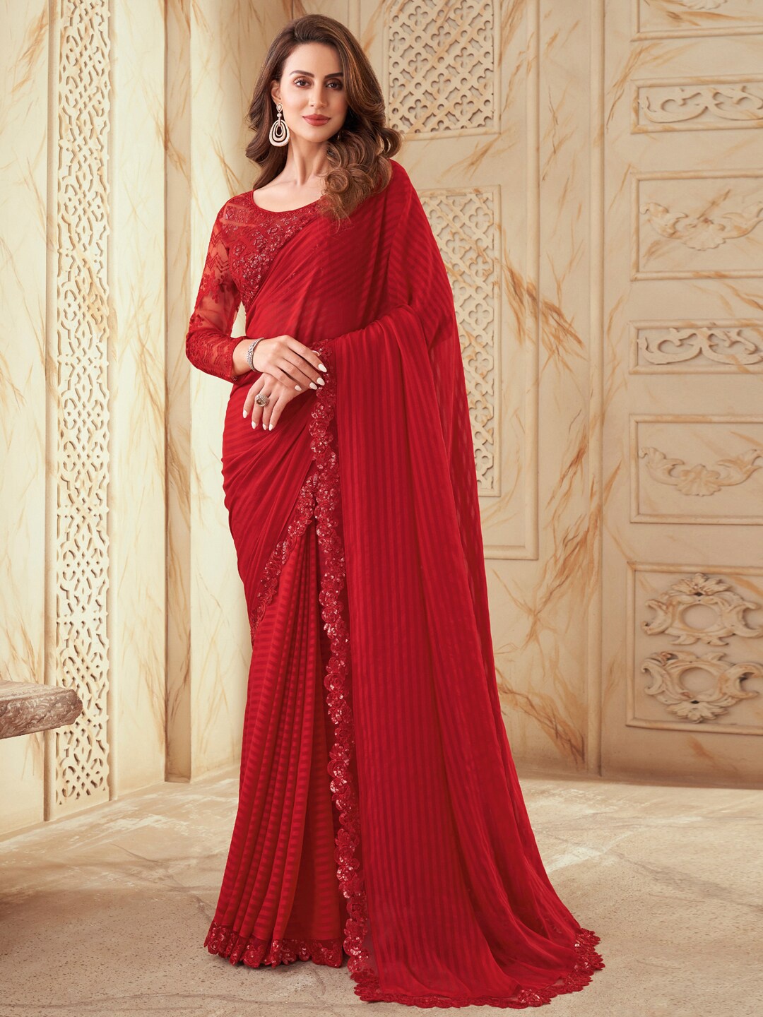 

Satrani Red Striped Sequinned Poly Georgette Saree