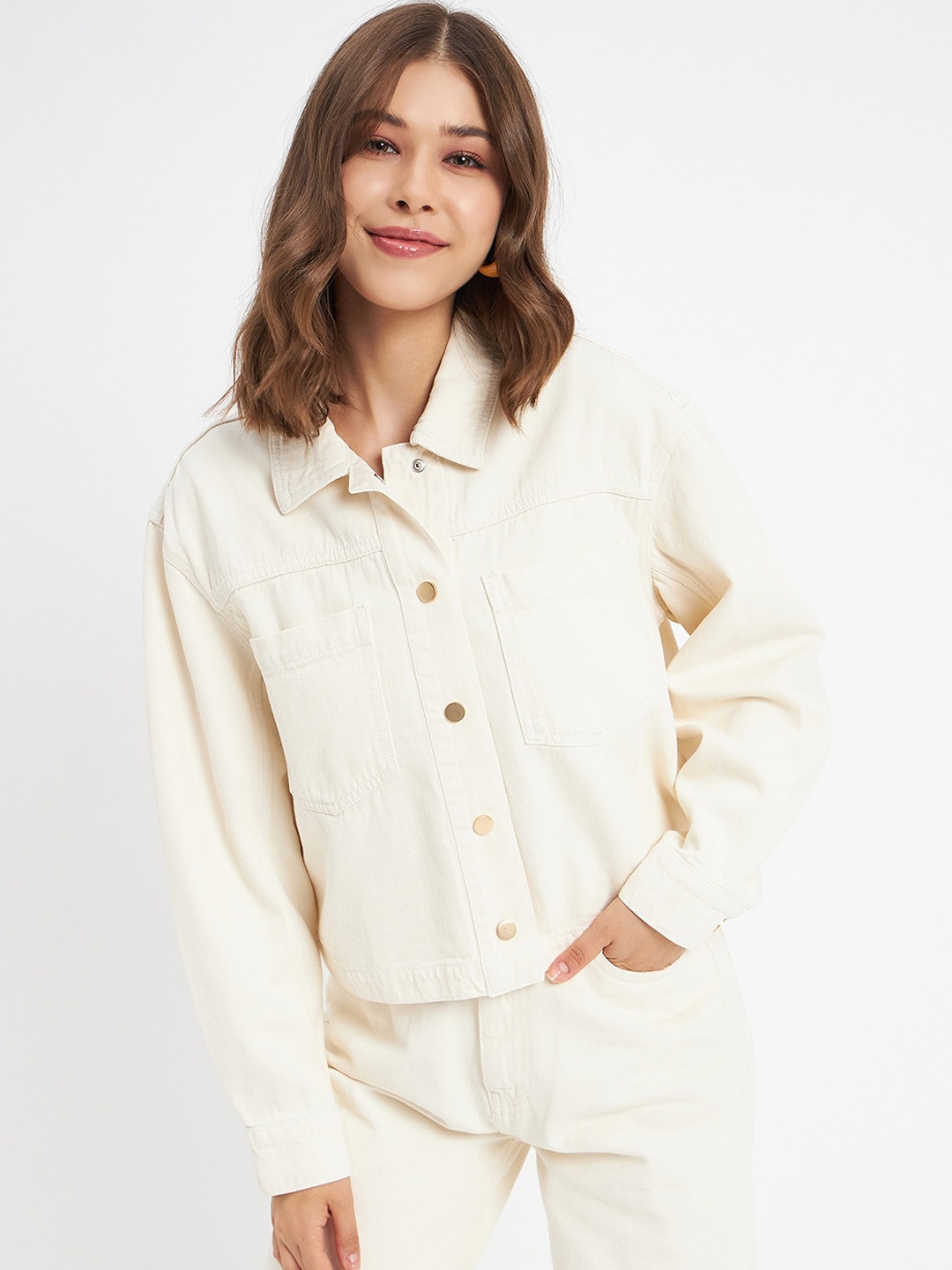 

Madame Spread Collar Cotton Denim Jacket, Off white