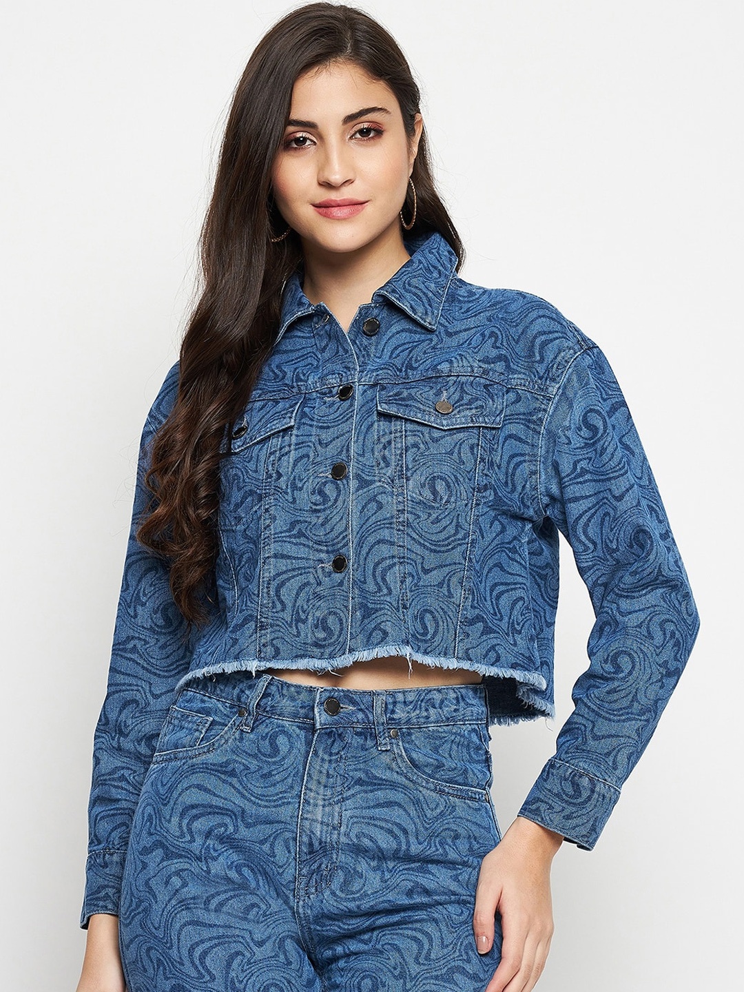 

Madame Abstract Printed Crop Cotton Denim Jacket, Blue