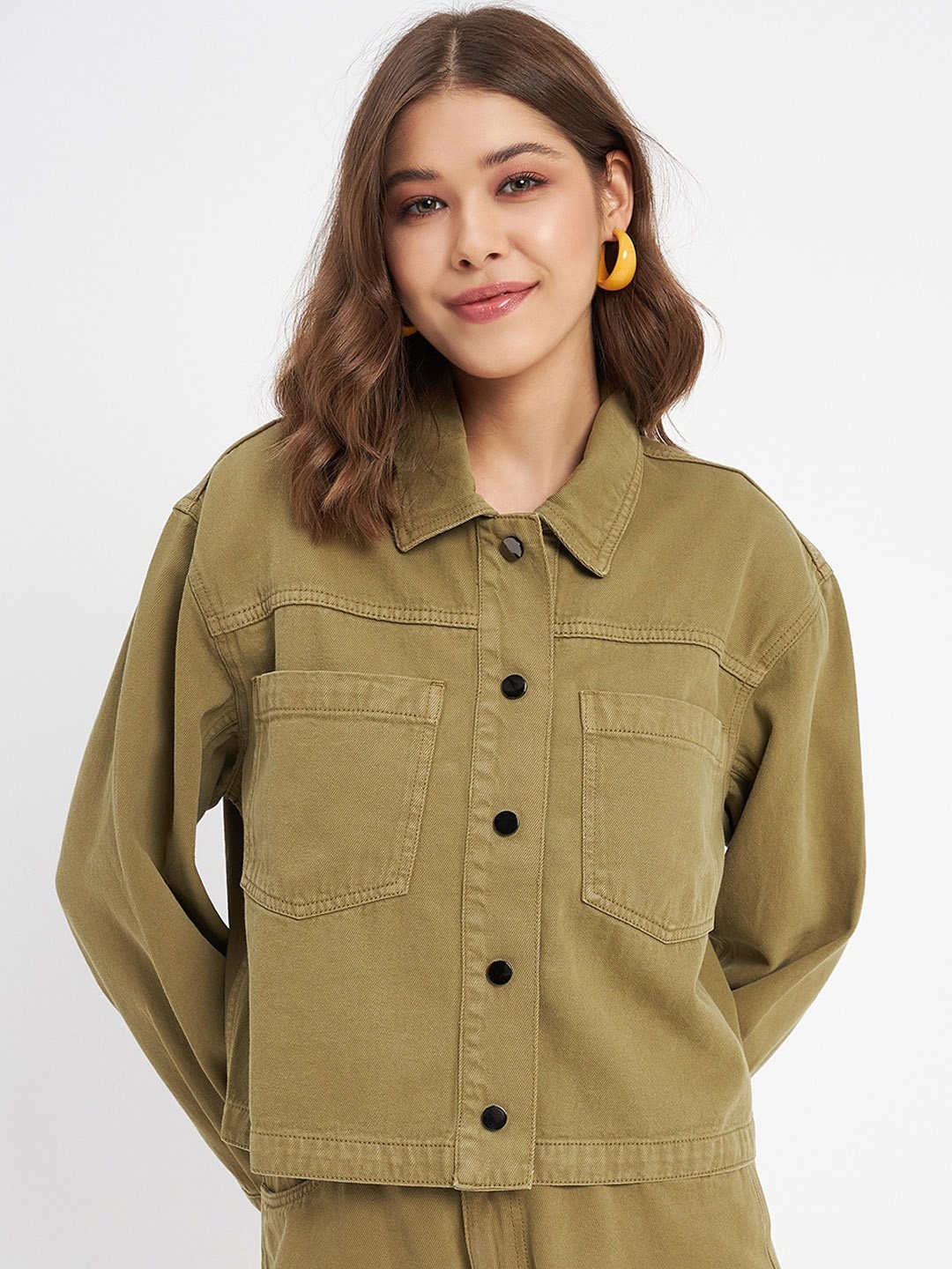 

Madame Spread Collar Cotton Denim Jacket, Olive