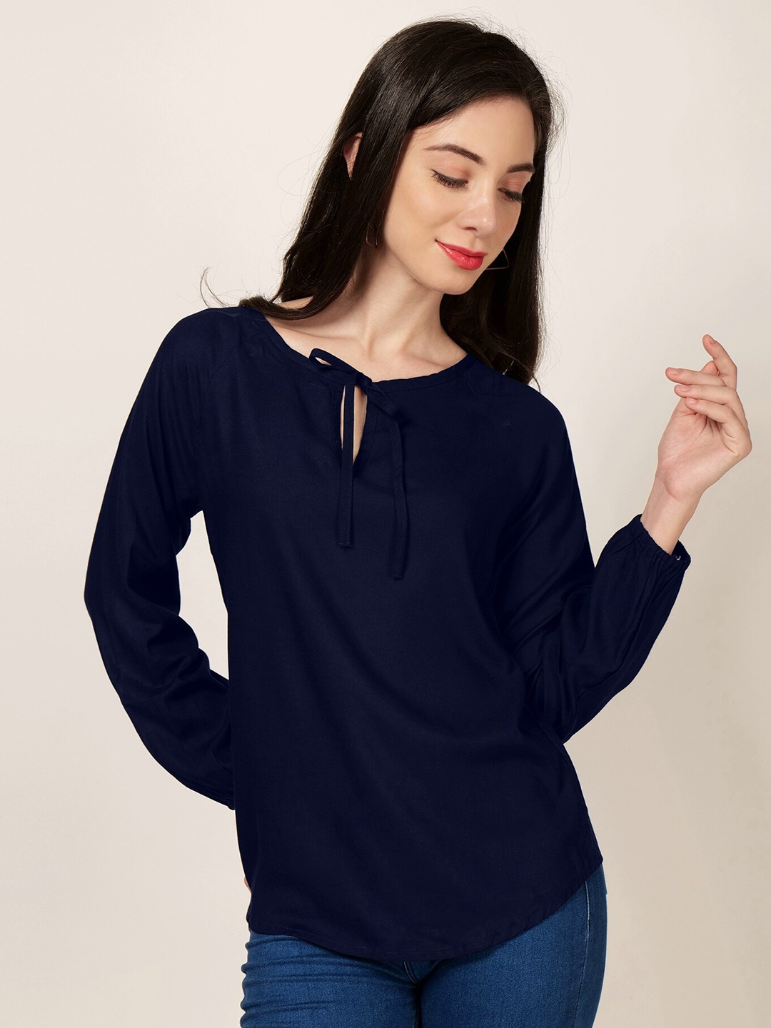 

PATRORNA Cotton Blend Tie-Up Neck Top, Blue