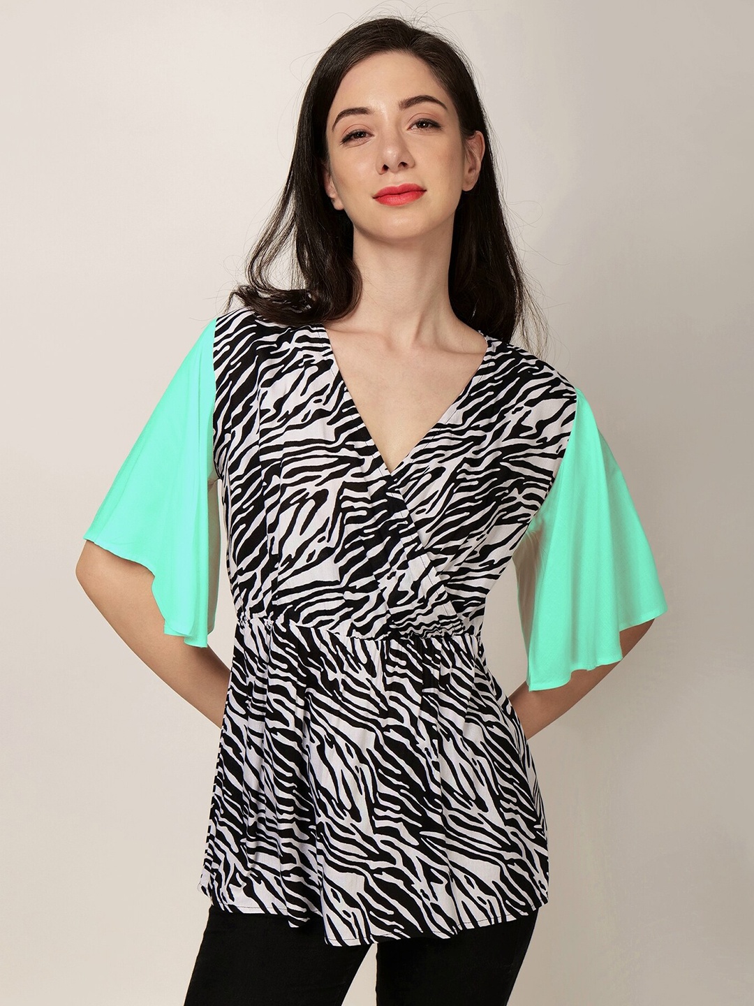 

PATRORNA Abstract Printed Flared Sleeve Cotton Wrap Top, Black