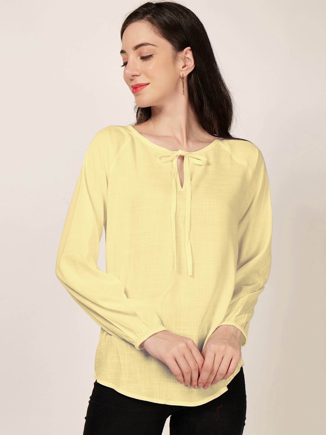 

PATRORNA Tie Up Neck Puff Sleeves Cotton Top, Yellow