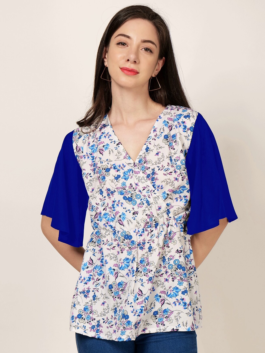 

PATRORNA Floral Printed Flared Sleeves Wrap Top, Blue