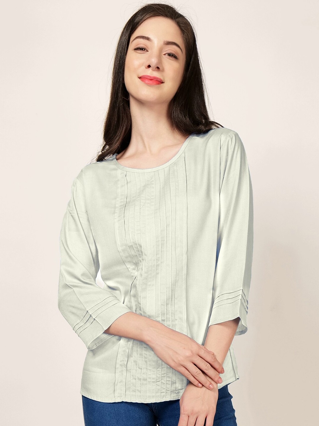 

PATRORNA Round Neck Pin Tucks Cotton Top, Grey
