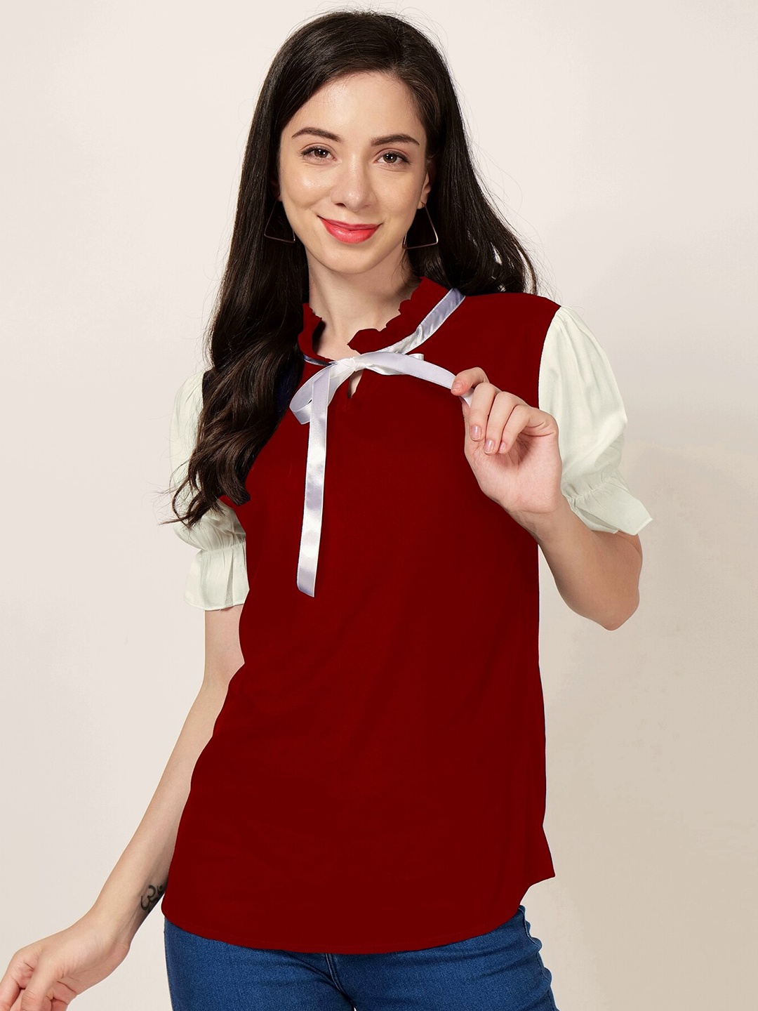 

PATRORNA Tie Up Neck Puff Sleeves Cotton Top, Maroon