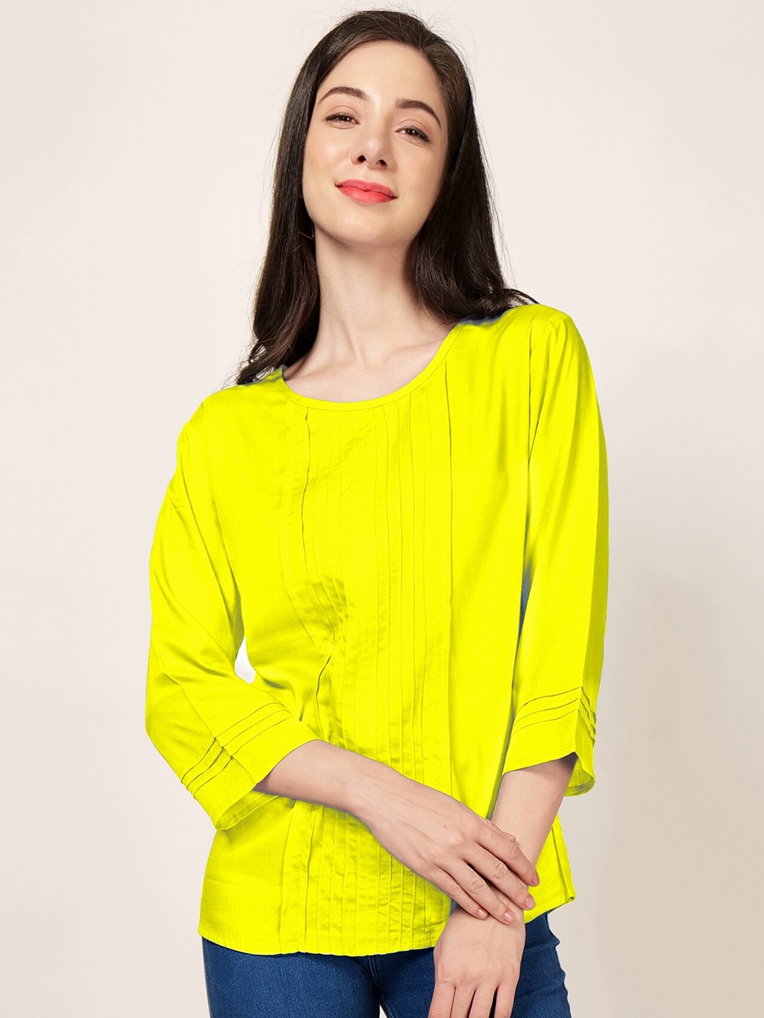 

PATRORNA Round Neck Pin Tucks Cotton Top, Yellow