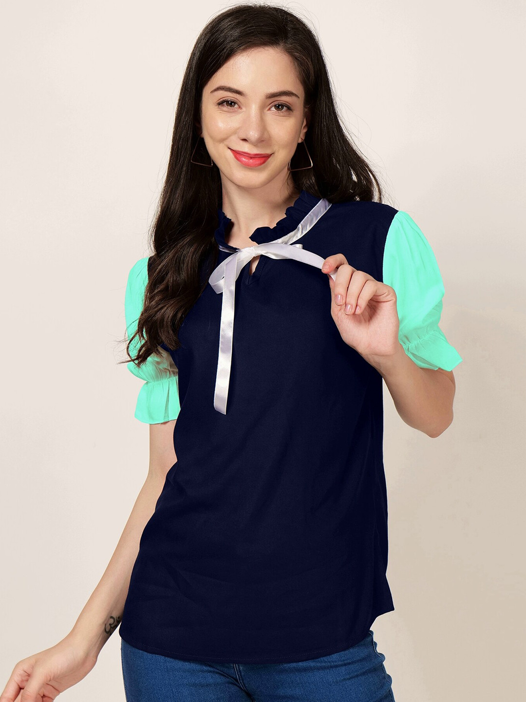 

PATRORNA Tie Up Neck Puff Sleeves Cotton Top, Blue