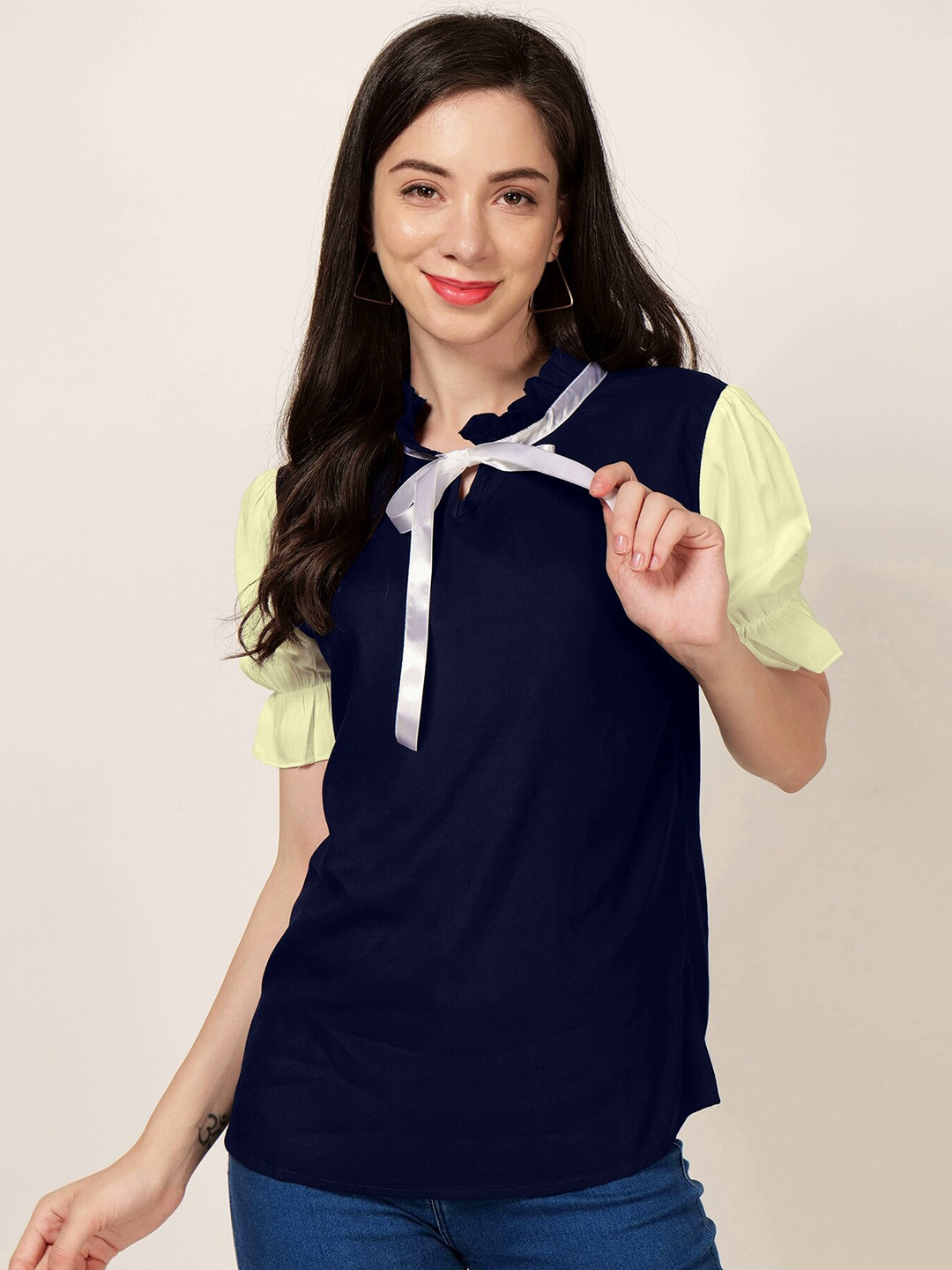 

PATRORNA Colourblocked Tie-Up Neck Puffed Sleeves Top, Navy blue