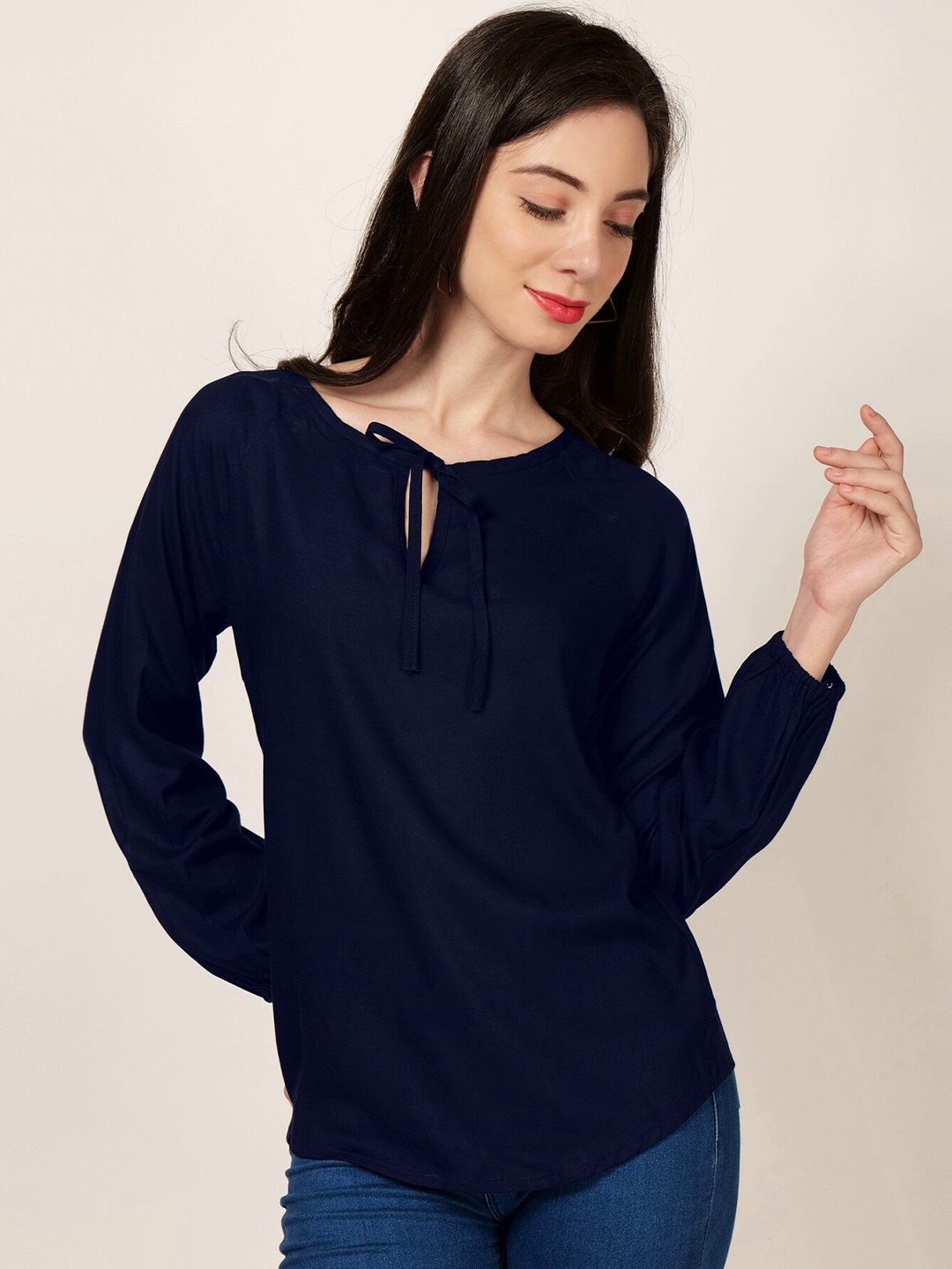 

PATRORNA Tie-Up Neck Raglan Sleeves Top, Navy blue