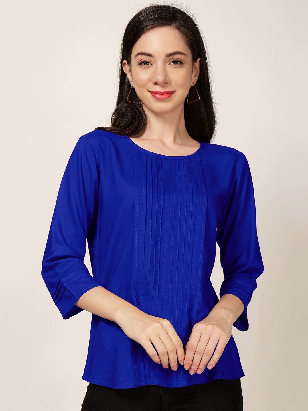 

PATRORNA Round Neck Pleated Top, Blue