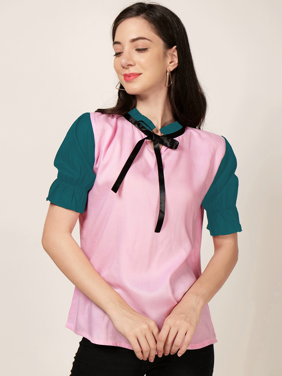 

PATRORNA Colourblocked Tie-Up Neck Puffed Sleeves Top, Pink