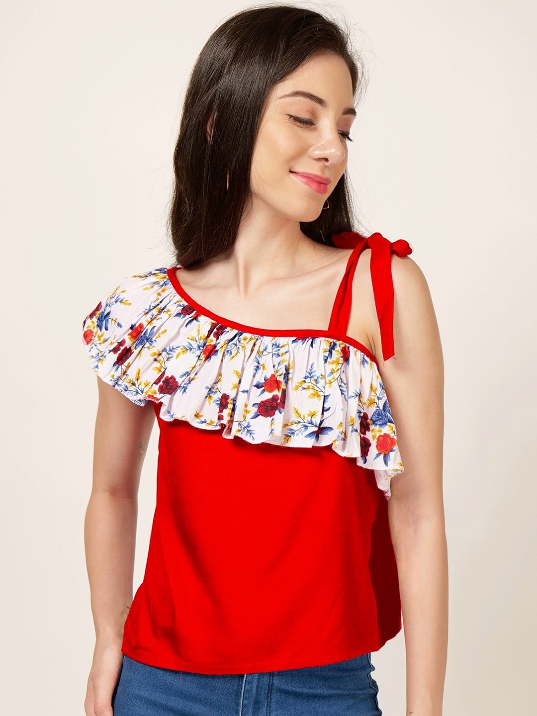 

PATRORNA Floral Printed One Shoulder Ruffles Top, Red