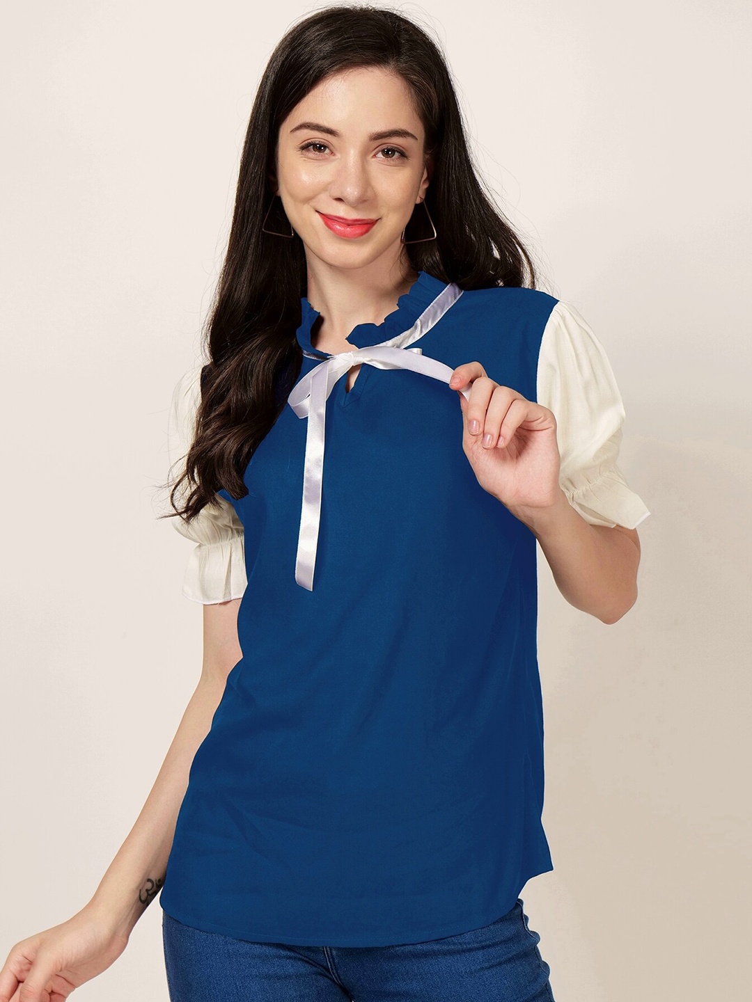 

PATRORNA Colourblocked Tie-Up Neck Puffed Sleeves Top, Blue