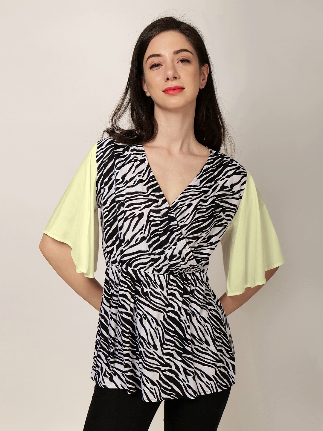 

PATRORNA Abstract Printed Flared Sleeve Cotton Wrap Top, Black