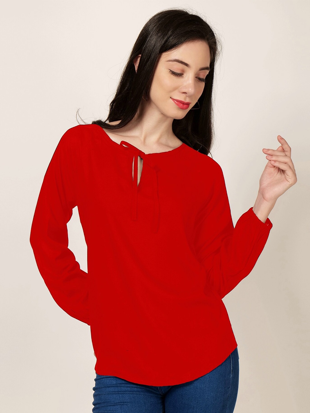 

PATRORNA Tie-Up Neck Regular Top, Red