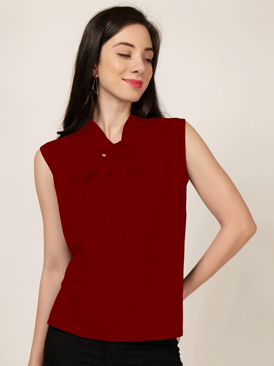 

PATRORNA Tie Up Neck Sleeveless Cotton Top, Maroon