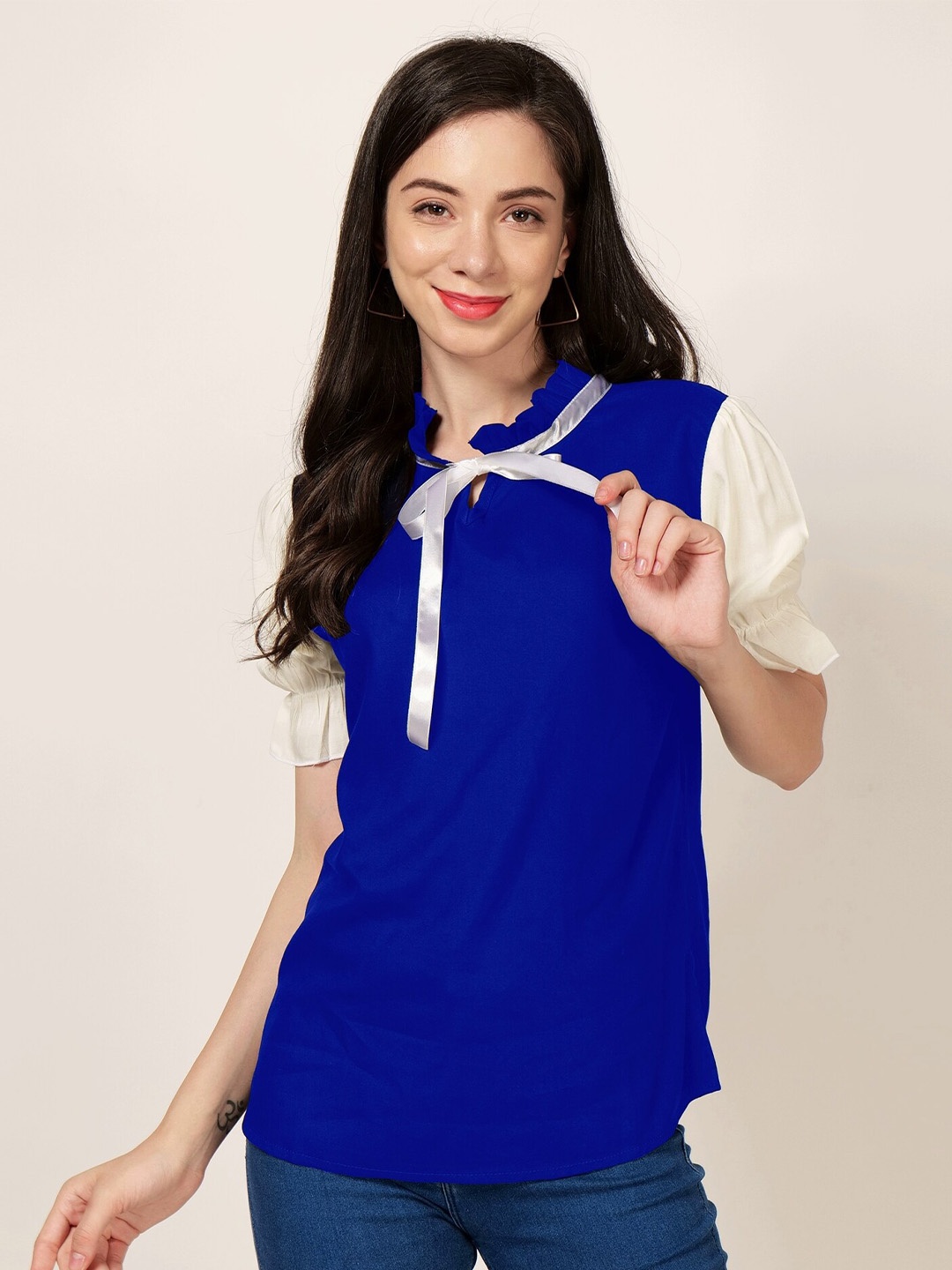 

PATRORNA Tie-Up Neck Ruffled Puff Sleeves Top, Blue