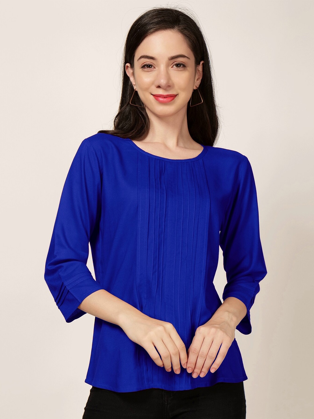 

PATRORNA Round Neck Pleated Top, Blue