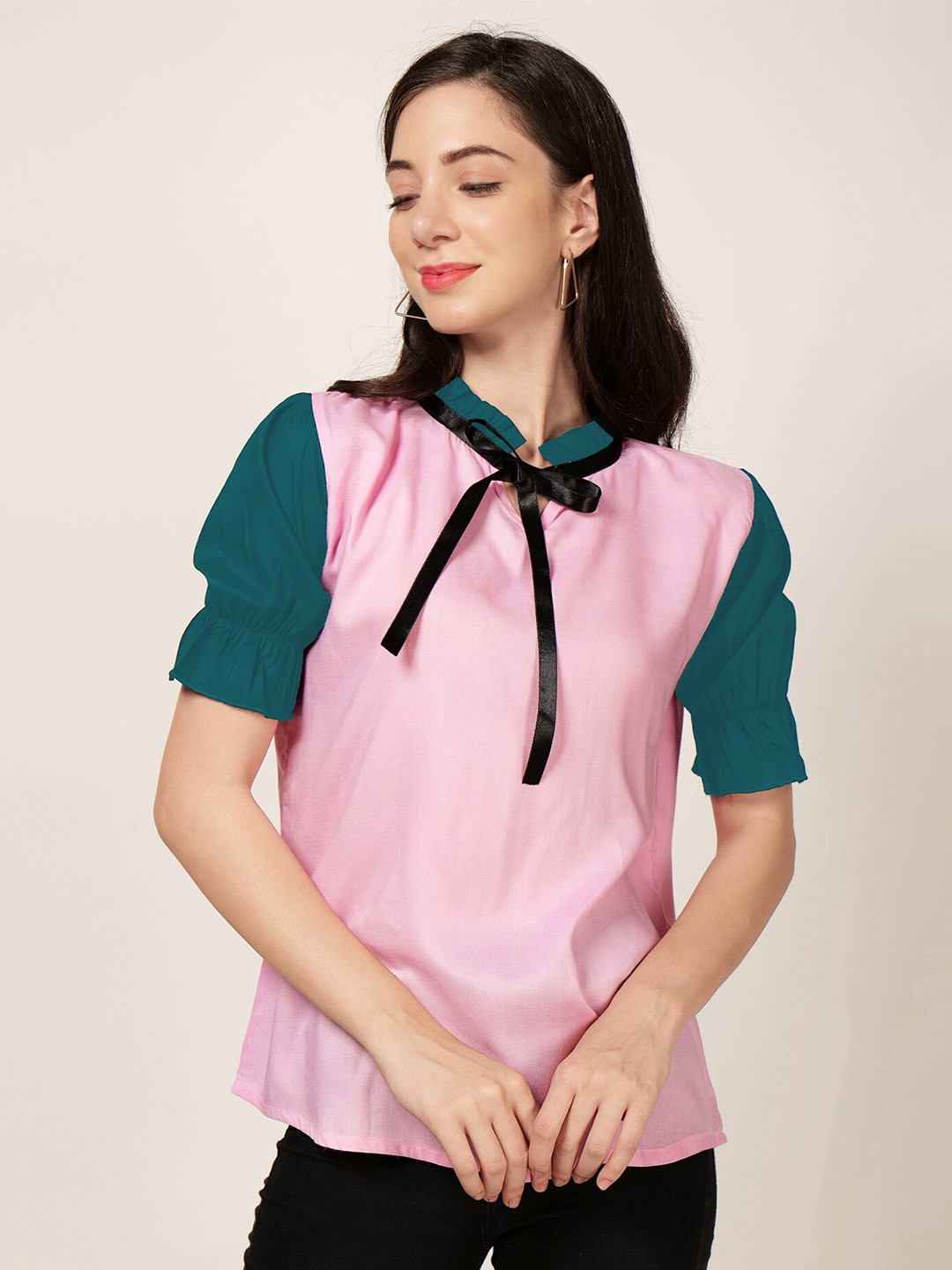 

PATRORNA Tie-Up Neck Puff Sleeves Cotton Top, Teal