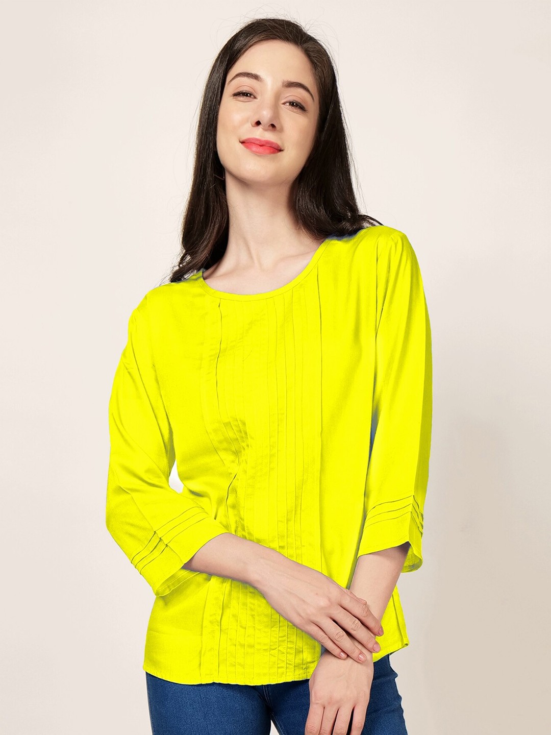 

PATRORNA Round Neck Space Tucks Cotton Top, Yellow