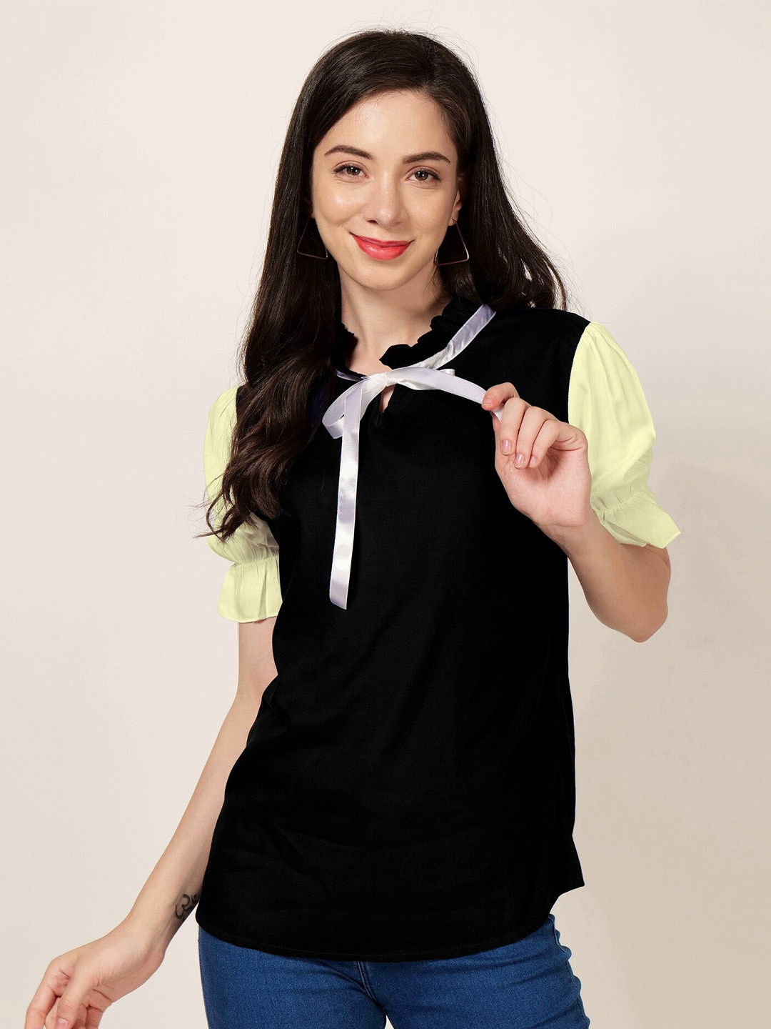 

PATRORNA Colourblocked Tie-Up Neck Puff Sleeves Top, Black