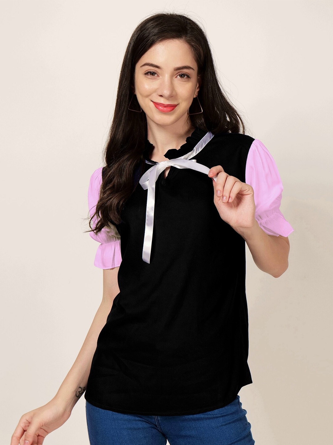 

PATRORNA Tie-Up Neck Puff Sleeves Ruffles Top, Black